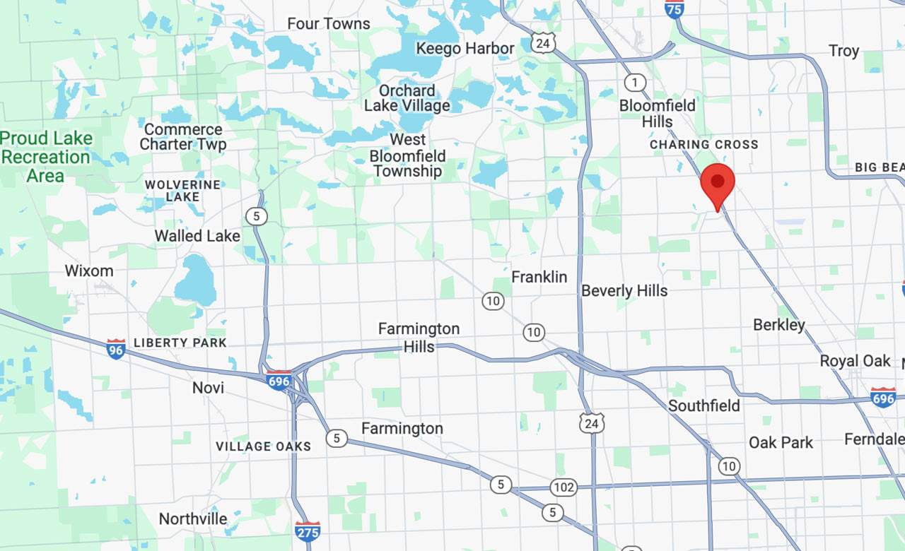 Map showing FirstLight's service area, including Birmingham, Bloomfield Hills, Farmington Hills and Novi