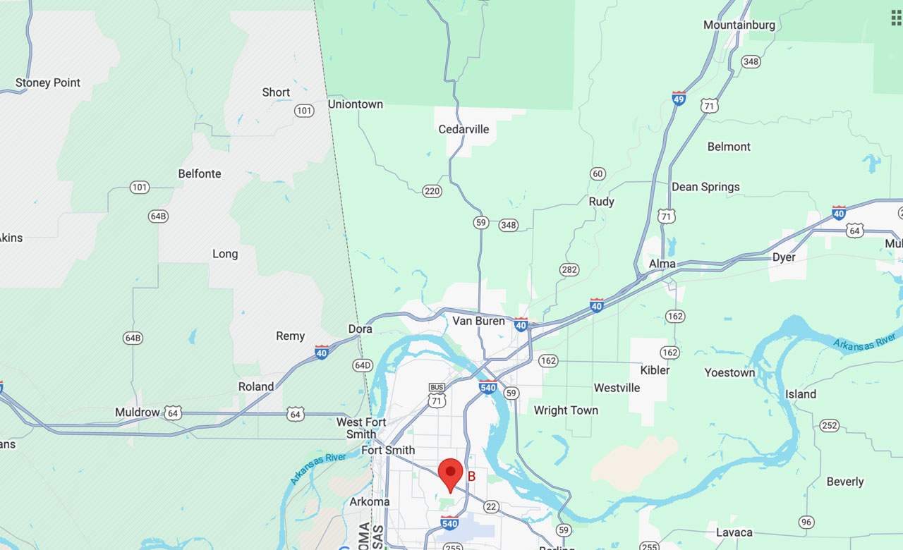 Map showing the ort Smith, Van Buren, Alma, and Mountainburg area