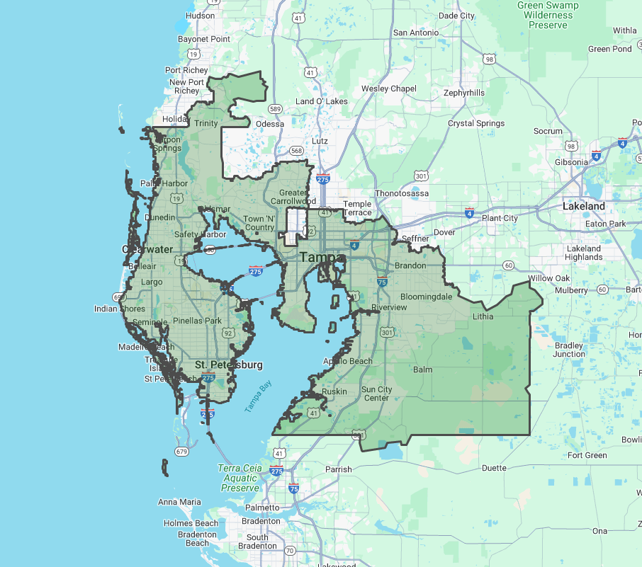Map of the Pinellas and West Pasco Counties, FL area