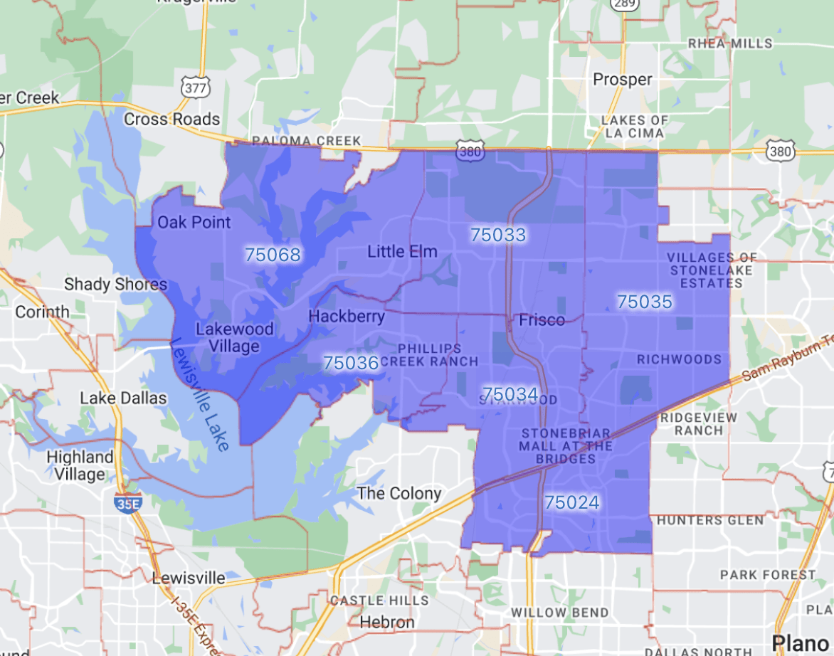 Map of zipcodes 75068, 75033, 75034, 75036, 75024, 75035